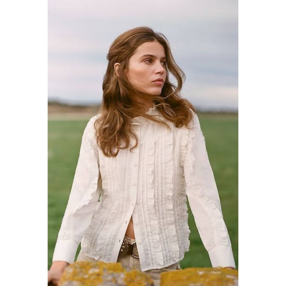 Cottagecore Mother The Ruffle Button Down Blouse Size S Ivory Dobby Cotton